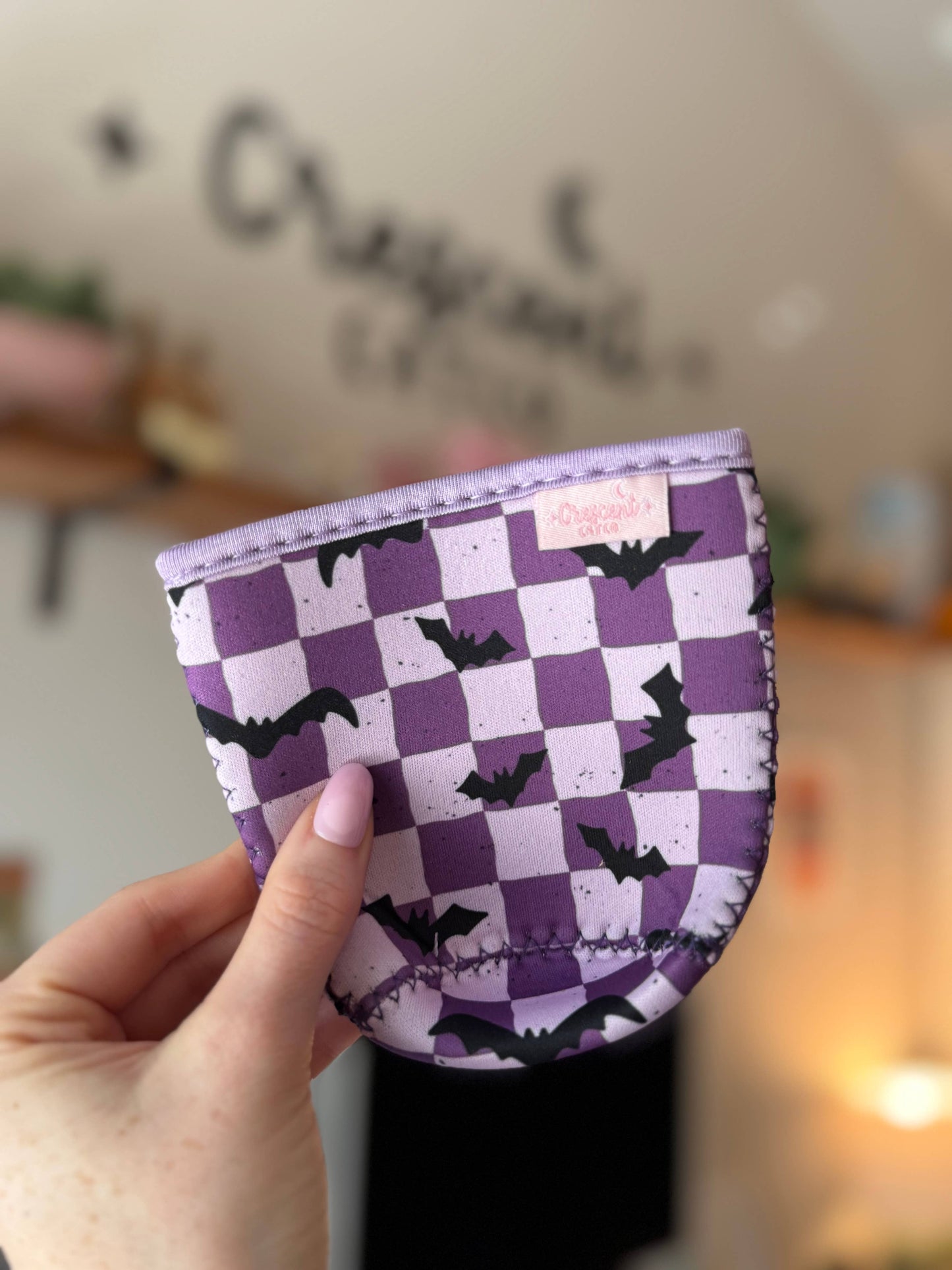 Purple Checkered Bats Spooky Cute Iced Coffee Drink Sleeve