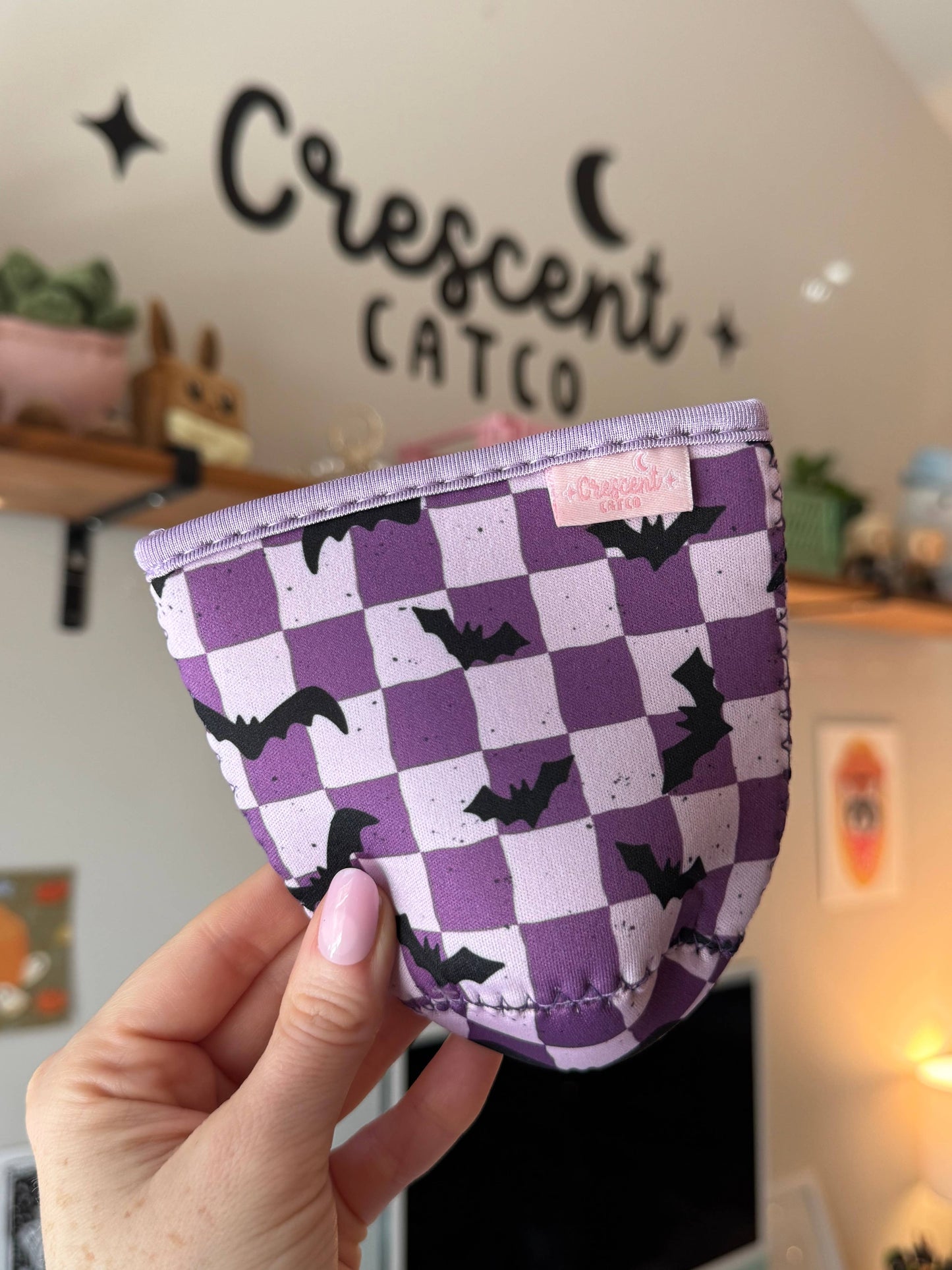 Purple Checkered Bats Spooky Cute Iced Coffee Drink Sleeve