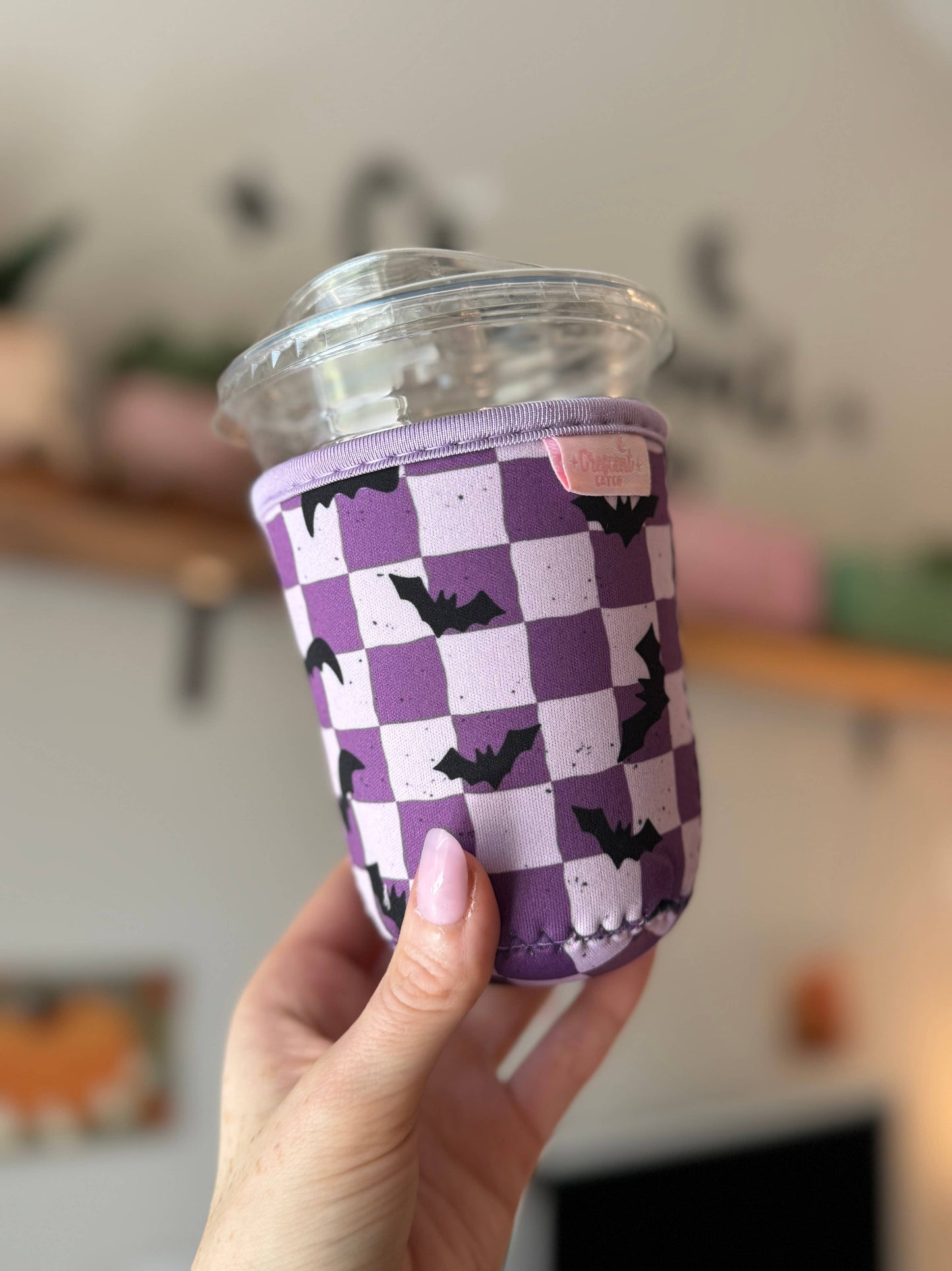 Purple Checkered Bats Spooky Cute Iced Coffee Drink Sleeve