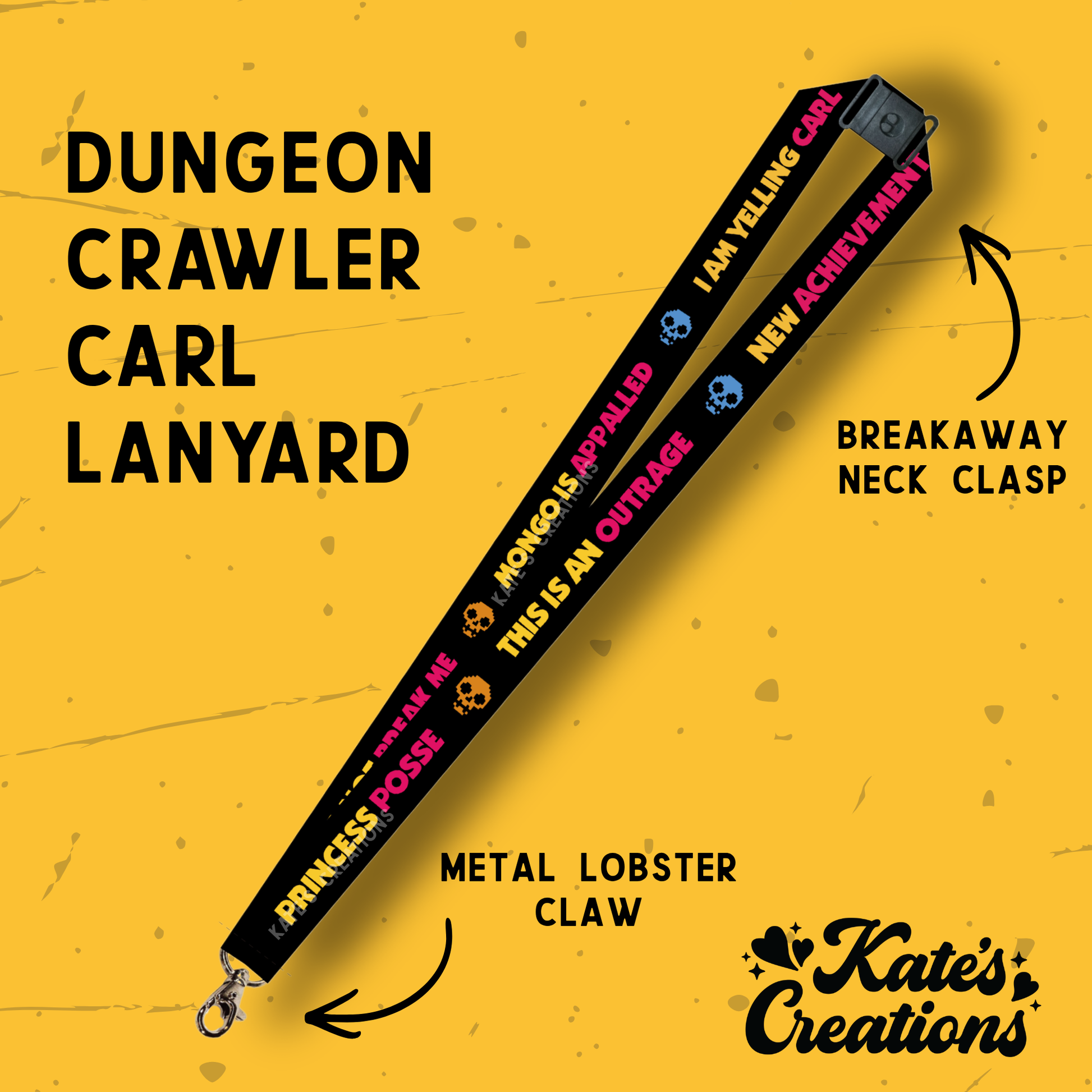 Dungeon Crawler Carl Lanyard with text and branding on a yellow background