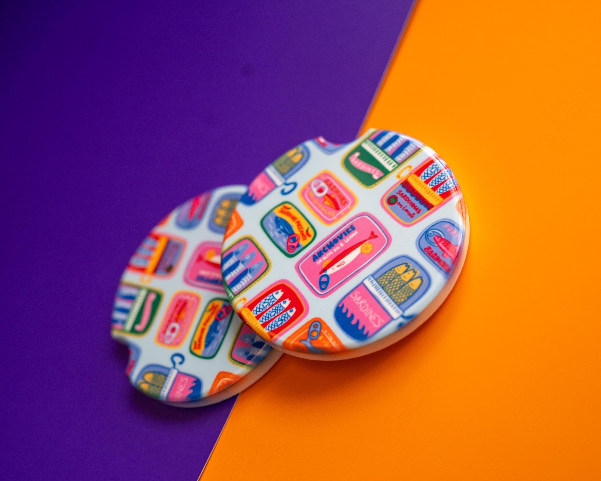 Sardine Car Coasters (Set of 2) – East Coast Summer Aesthetic, Absorbent Stone