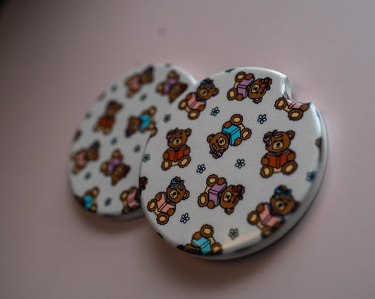 Bookish Teddy Bear Girlie Ceramic Car Coasters (Set of 2)