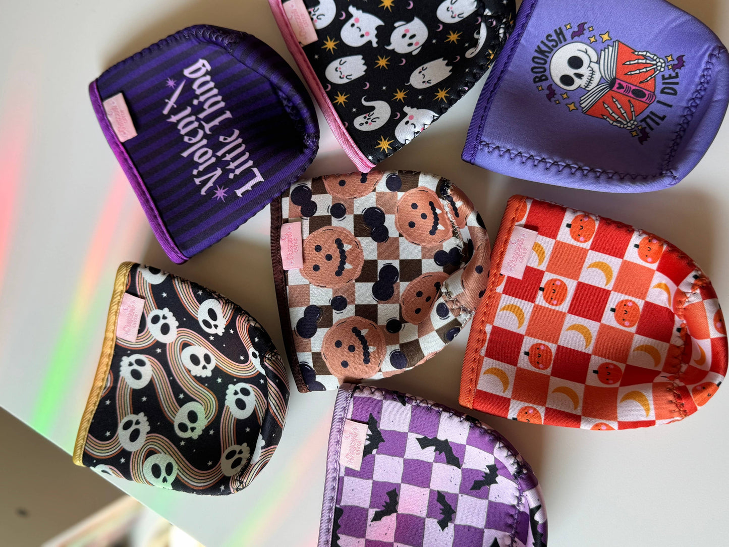 Purple Checkered Bats Spooky Cute Iced Coffee Drink Sleeve
